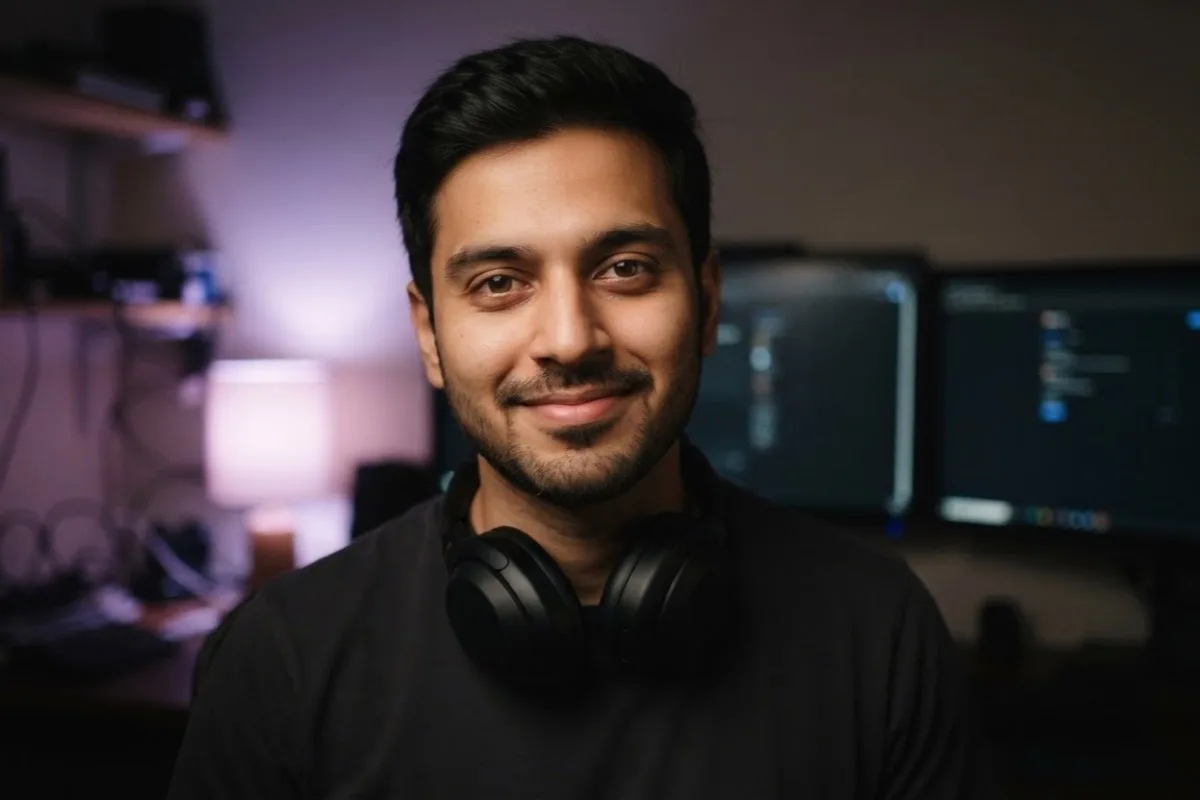A developer smiling at the camera, headphones around his neck and two monitors behind him.