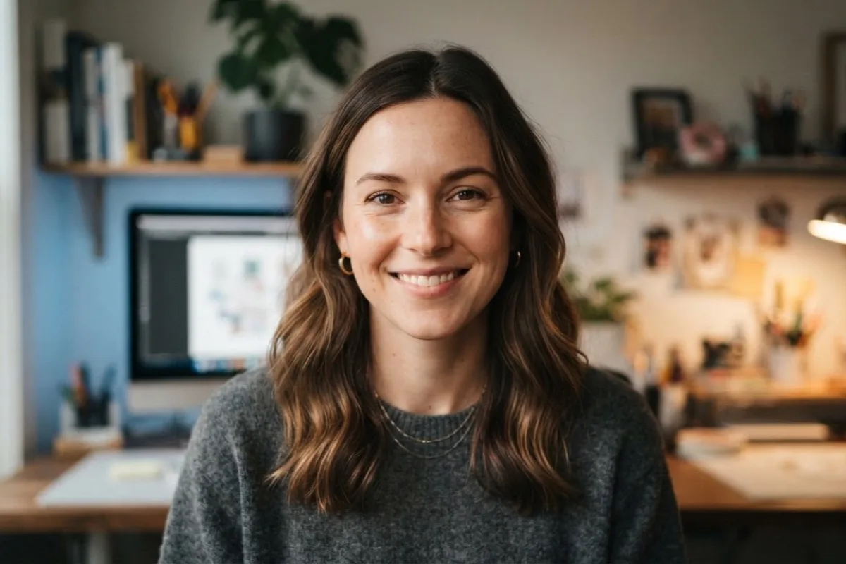 A design consultant smiling at the camera in her home studio.