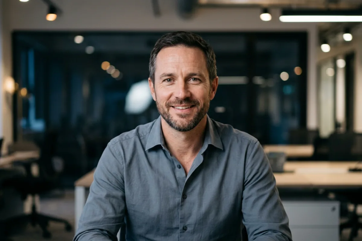 A project manager smiling at the camera in an open plan office.